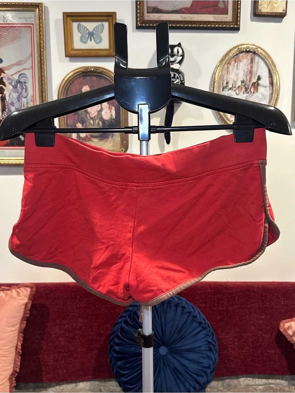 Women’s Red Athletic Drawstring Shorts with Brown Contrast Trim - Picture 2 of 3